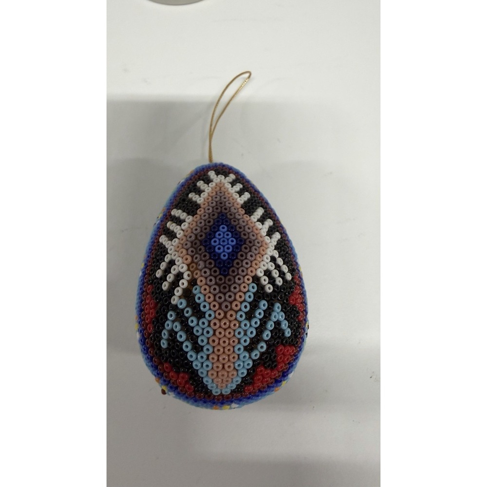 Huichol Beaded Egg Ornament Handmade Mexico Folk Art Christmas Hanging